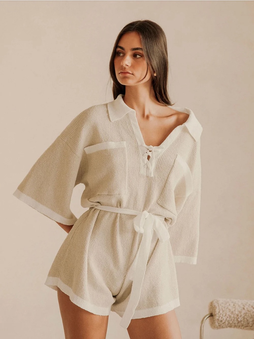 Women's Cream Knit Romper with Tie Waist